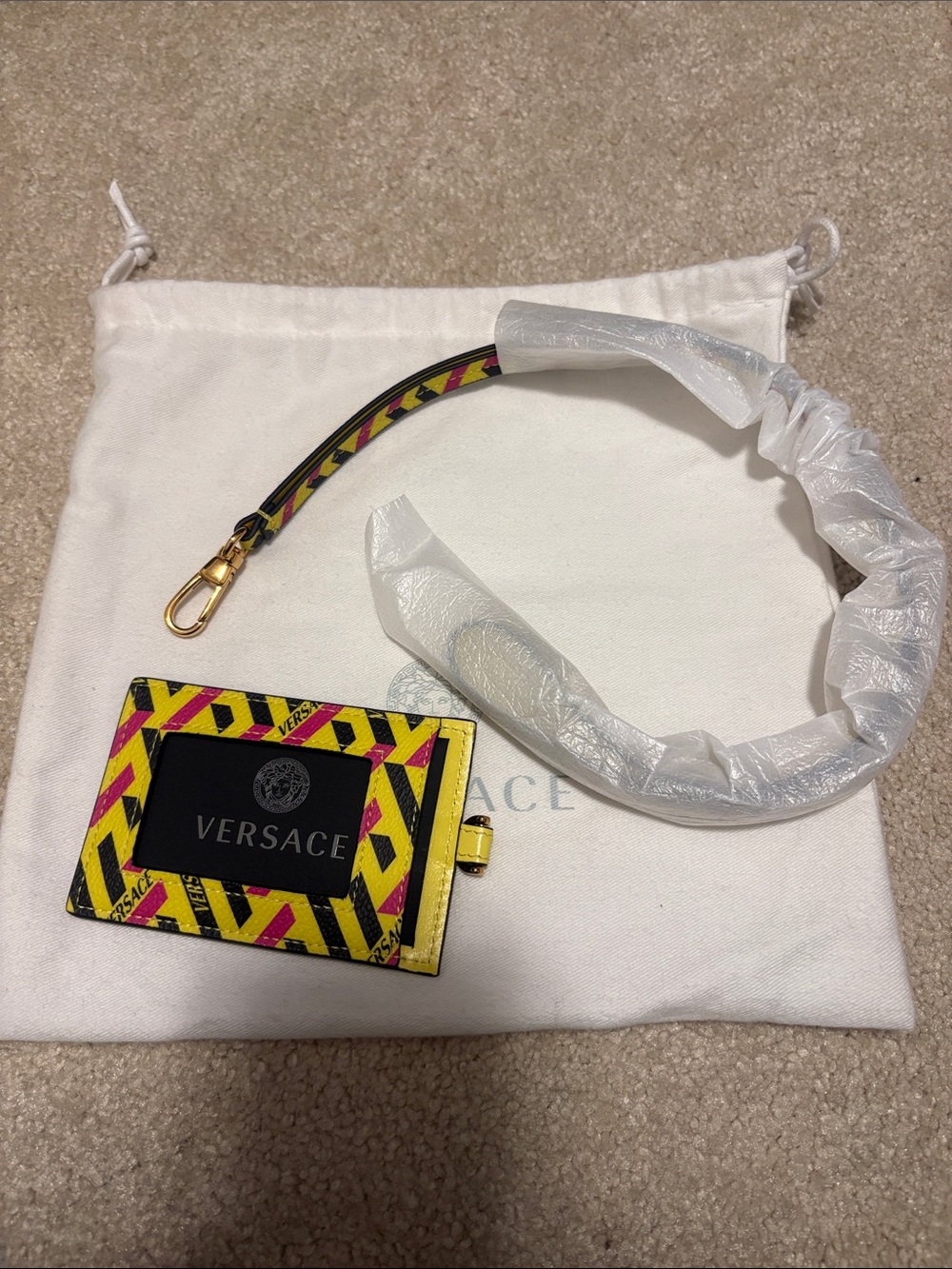 Versace Yellow & Pink Graphic Card Holder with Neck Strap and Gold Hardware